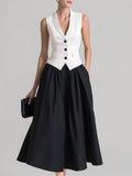 Black & White Contrast Vest Midi Skirt Set