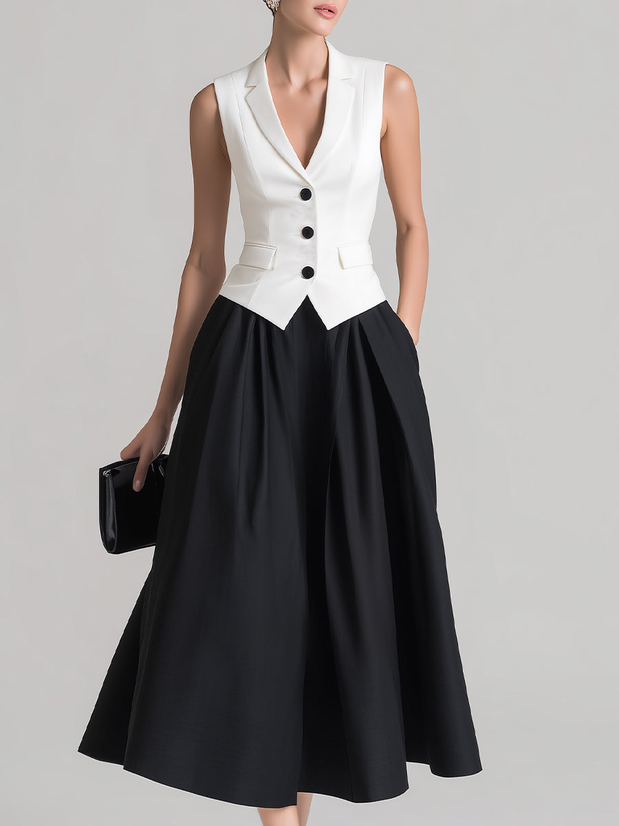 Black & White Contrast Vest Midi Skirt Set