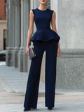 Sculpted Peplum Top And Tailored Wide-Leg Pants Set
