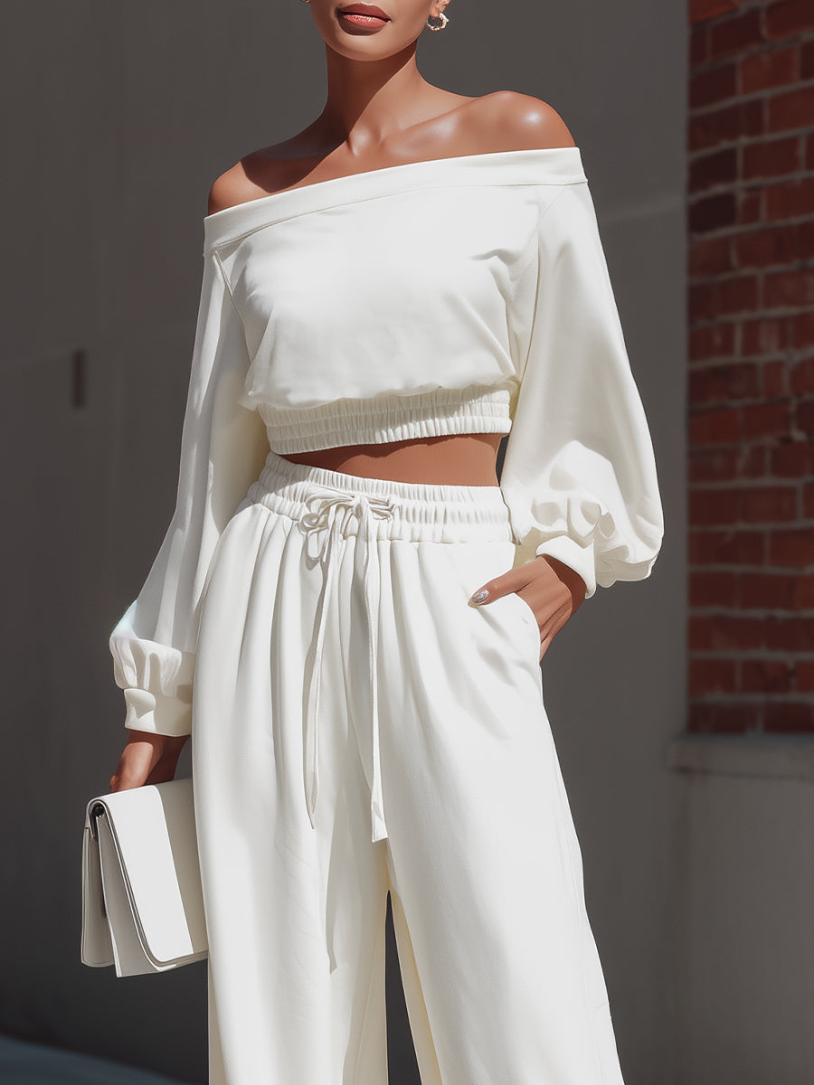 Off-Shoulder Crop Top & Wide-Leg Pants Loungewear Set