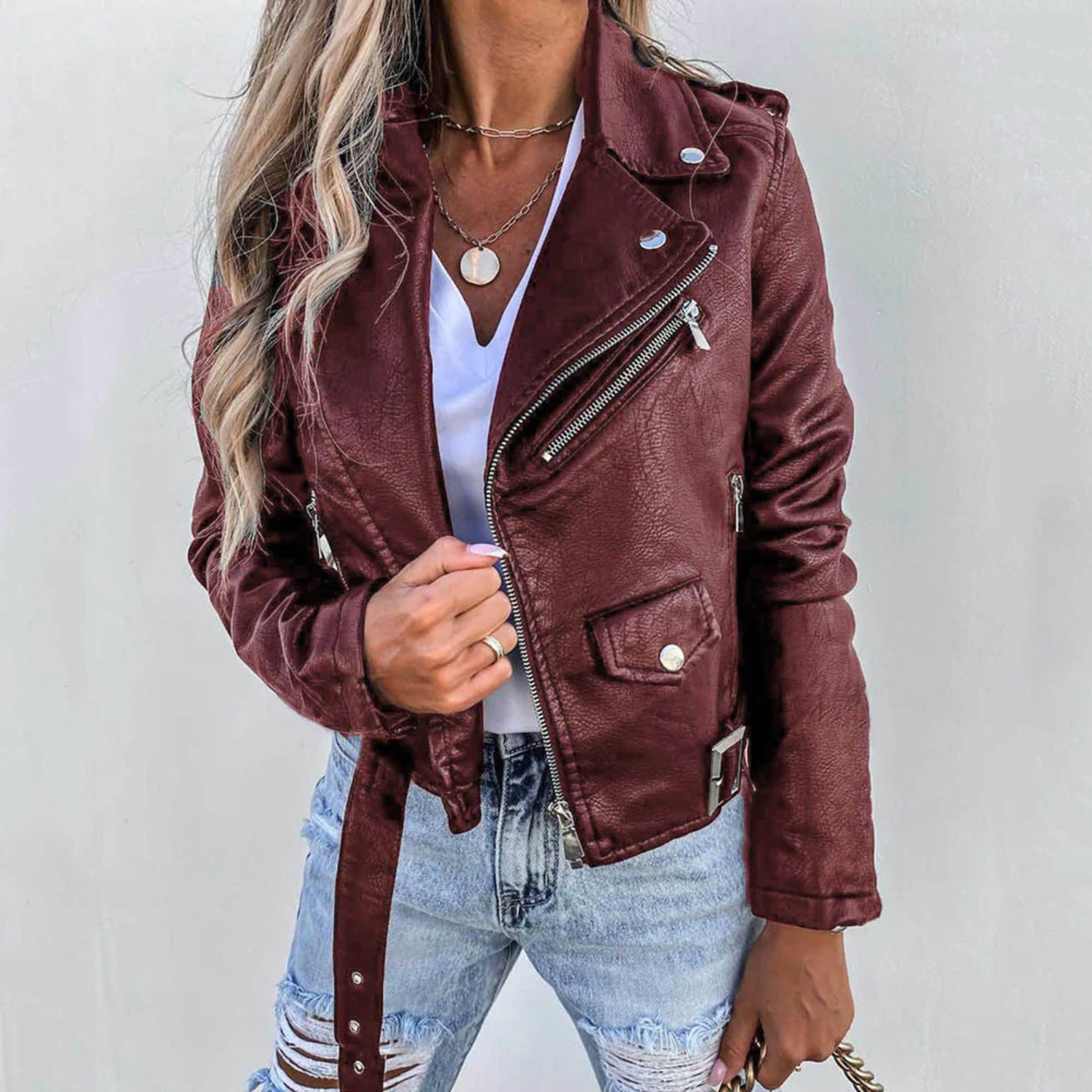 Eva Leather Jacket Women – Luxury Leather with High Collar, Belt & Elegant Design