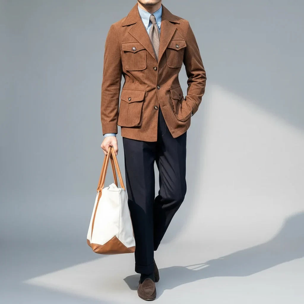 Men’s Tailored Blazer – Herringbone with Gold-Tone Buttons