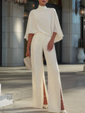 Cape-Sleeve High-Neck Blouse & Slit Wide-Leg Trousers Set
