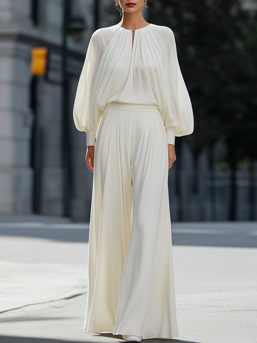 Pleated Chiffon Blouse & Wide-Leg Pants Set