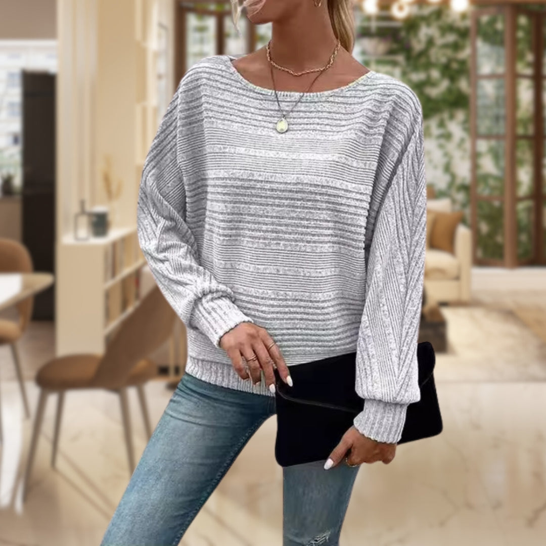 Women's Long Sleeve Top - Striped Knit & Balloon Sleeves