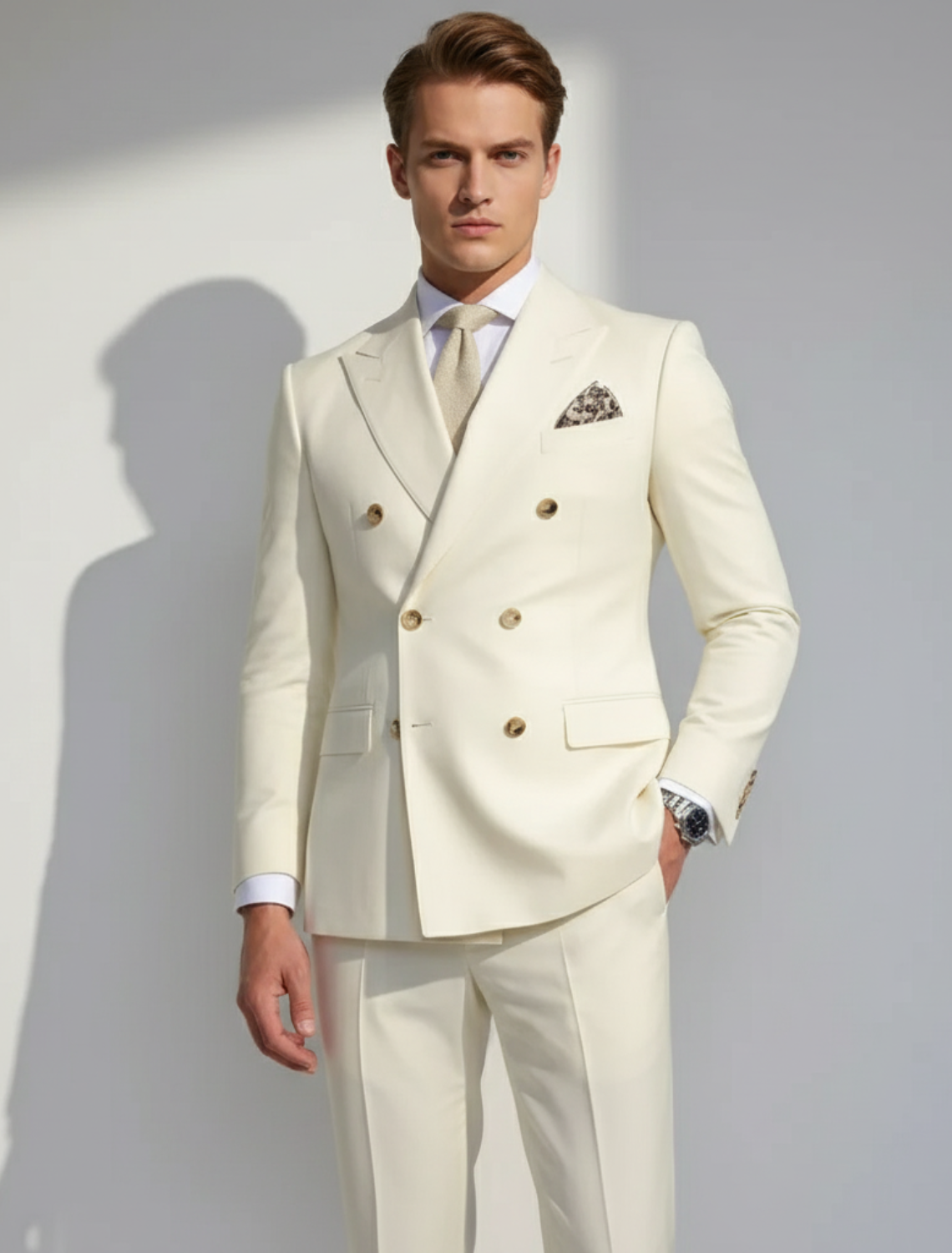 Men’s White Two-Piece Suit with Gold Accents – Regular Fit, Formal All-Season Set