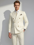 Men’s White Two-Piece Suit with Gold Accents – Regular Fit, Formal All-Season Set
