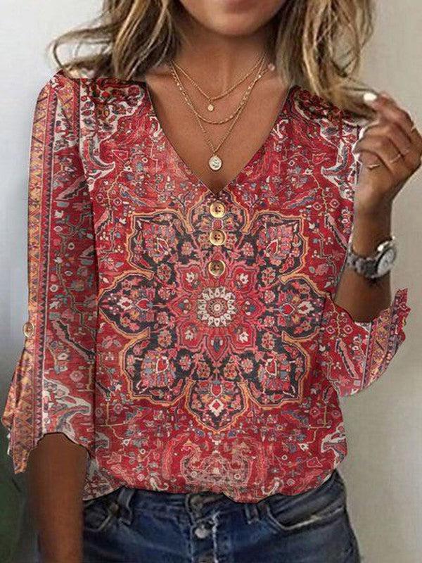 Brianna Blouse Bohemian Woman – Ruby Red Blouse with Oriental Print & Authentic Boho Style